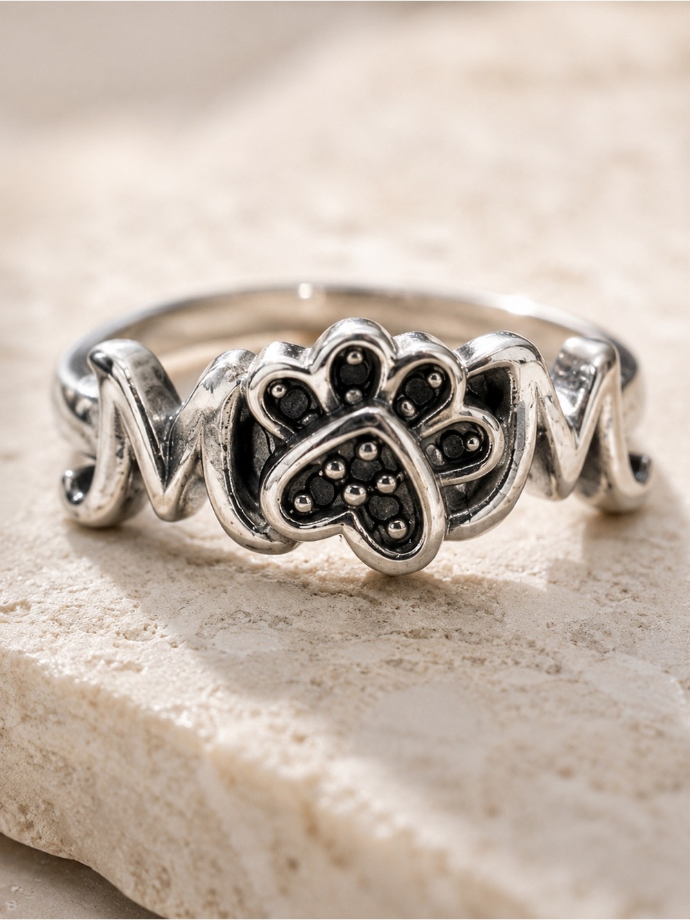 Kay Jewelers Sterling Silver Mom Paw Print Black Diamond Accent Ring Size 7